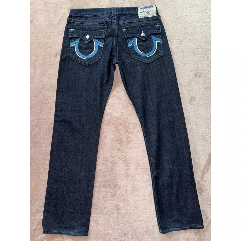 True Religion Mens Straight Blue Denim Jeans Dark Wash Slim‎ Fit Size 36